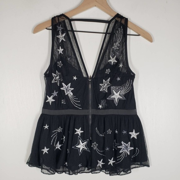 NEW Express Star Embroidered Plunge Tank Blouse‎ 8 Black Silver Mesh NWT - Picture 11 of 13